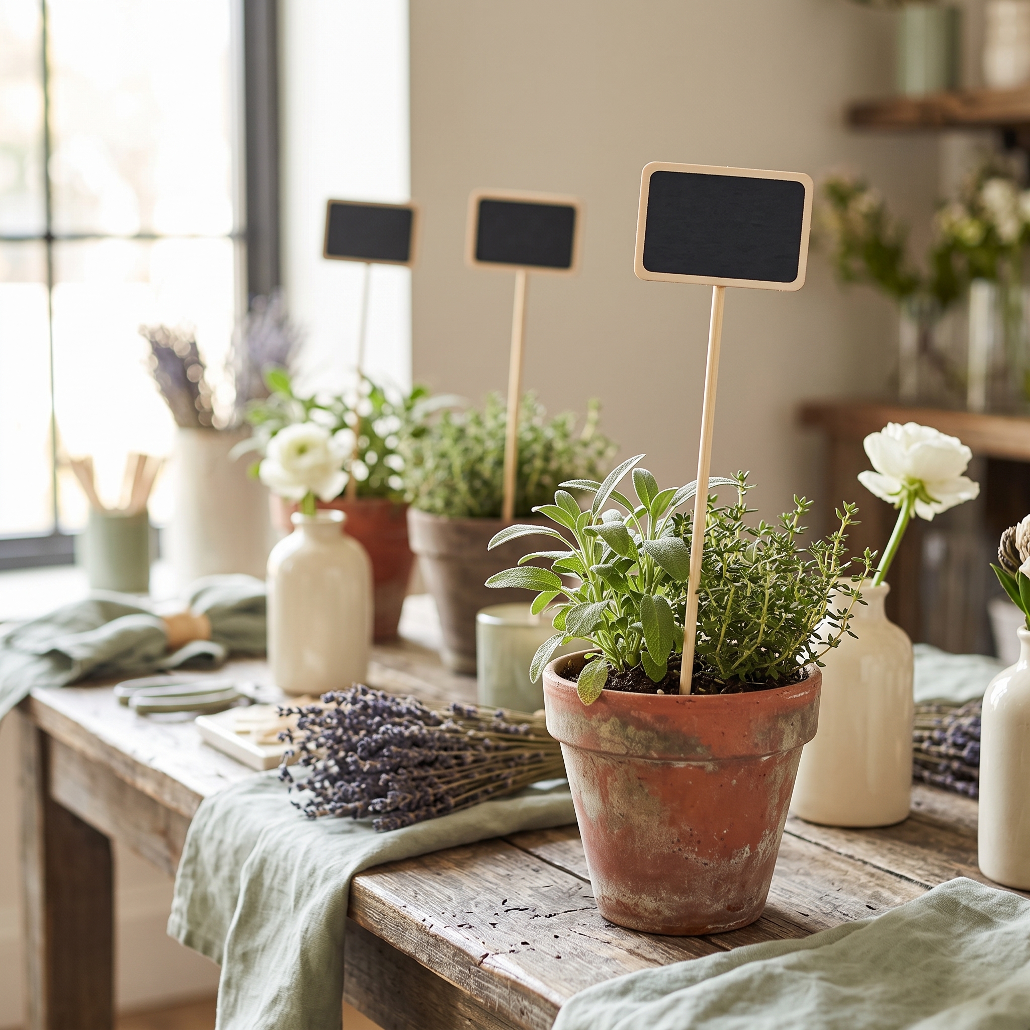 Étiquette ardoise bois PAARDEKOOPER plantée dans un pot de plantes chez un fleuriste, mise en situation