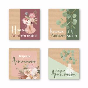 Étiquettes de vœux anniversaire en rouleau pour fleuristes avec quatre séries de visuels différents