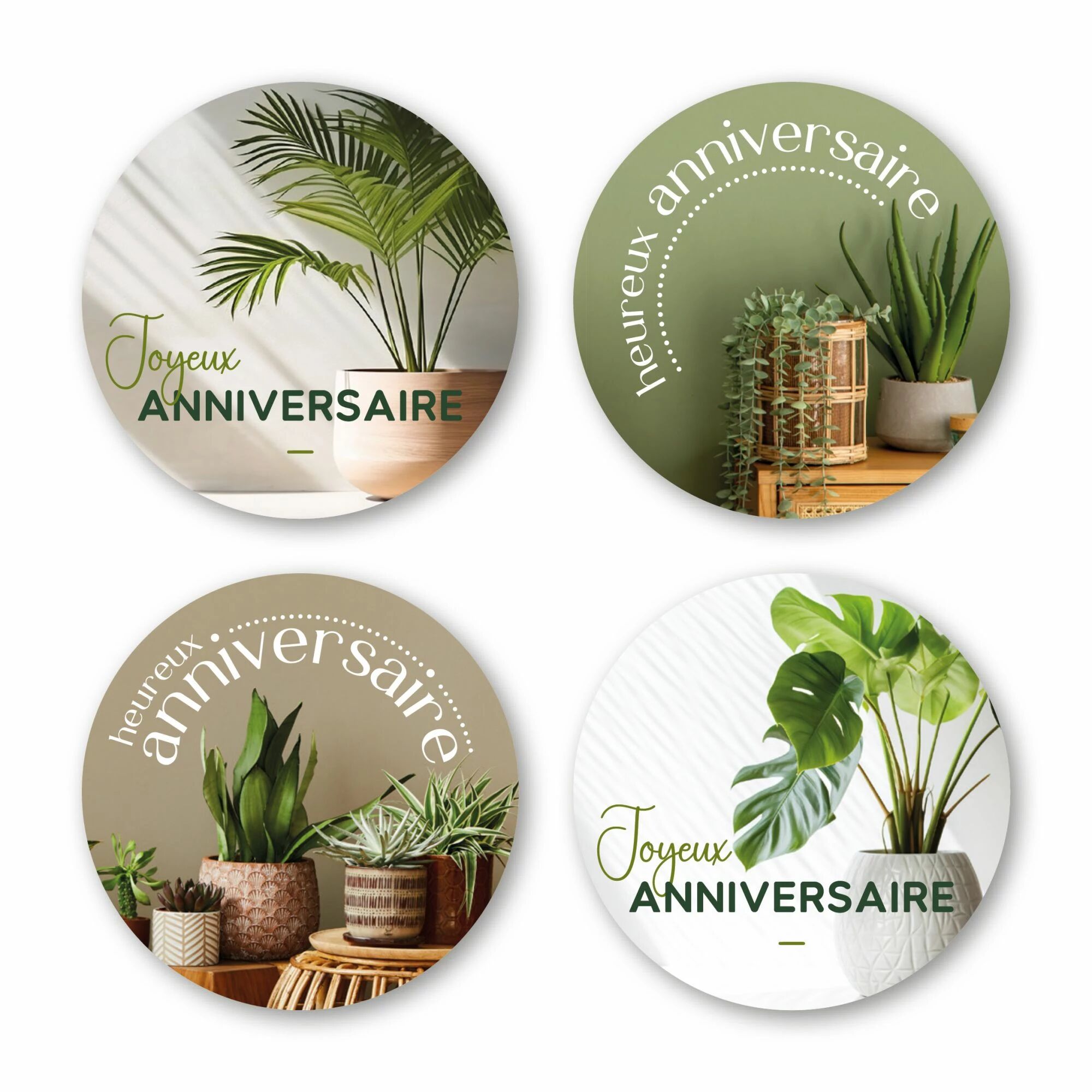 Etiquettes de voeux anniversaire JESO CARDS en rouleau pour fleuristes, 4 séries de visuels différents
