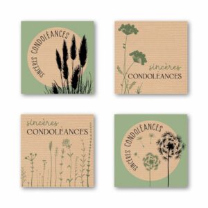 Étiquettes de vœux Sincères Condoléances pour fleuriste, boîte de 500 étiquettes en 4 motifs différents