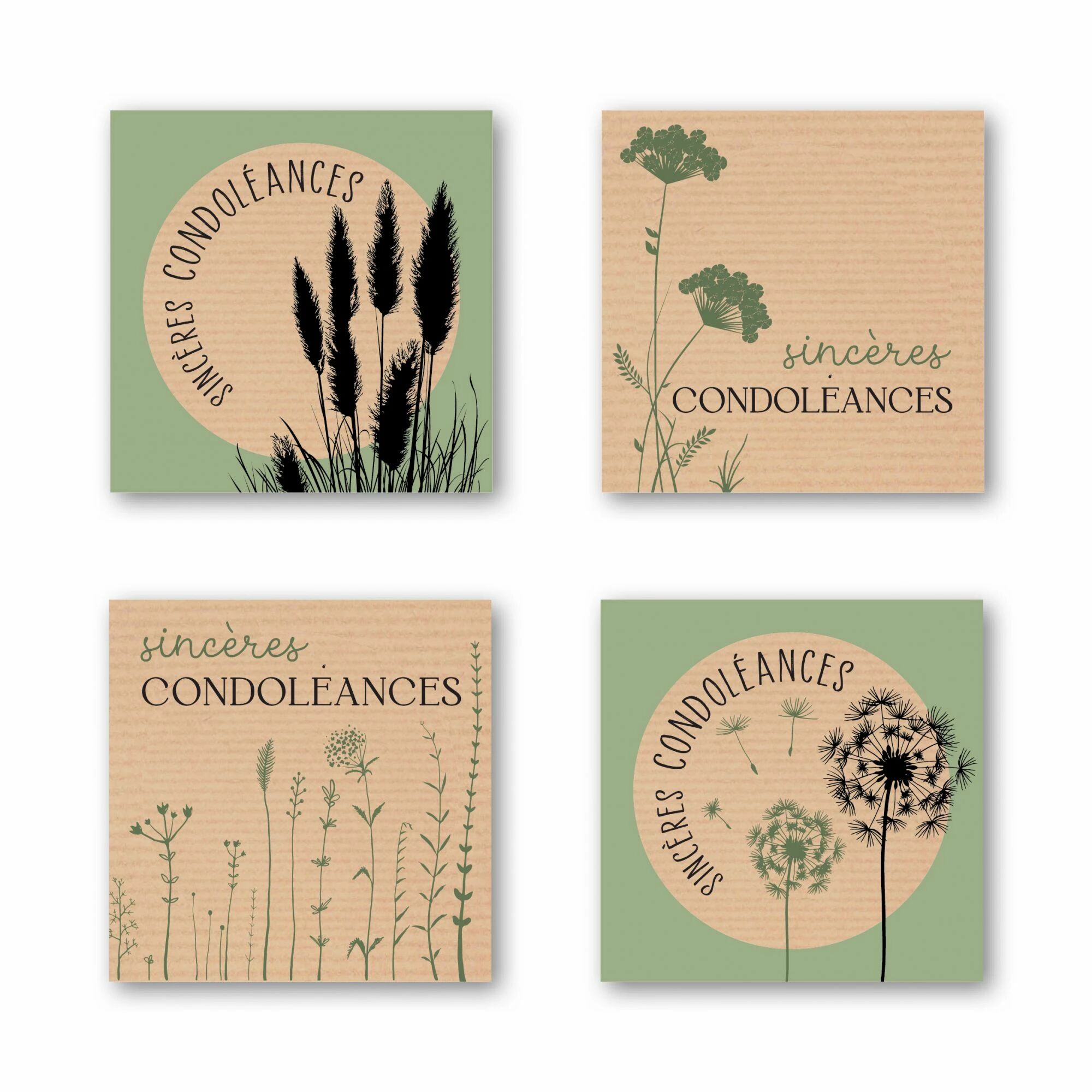 Étiquettes de vœux Sincères Condoléances JESO CARDS pour fleuriste, boîte de 500 étiquettes en 4 motifs différents