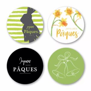 Etiquettes de voeux Joyeuses Pâques pour fleuriste JESO CARDS en rouleau de 500 avec 4 décors différents