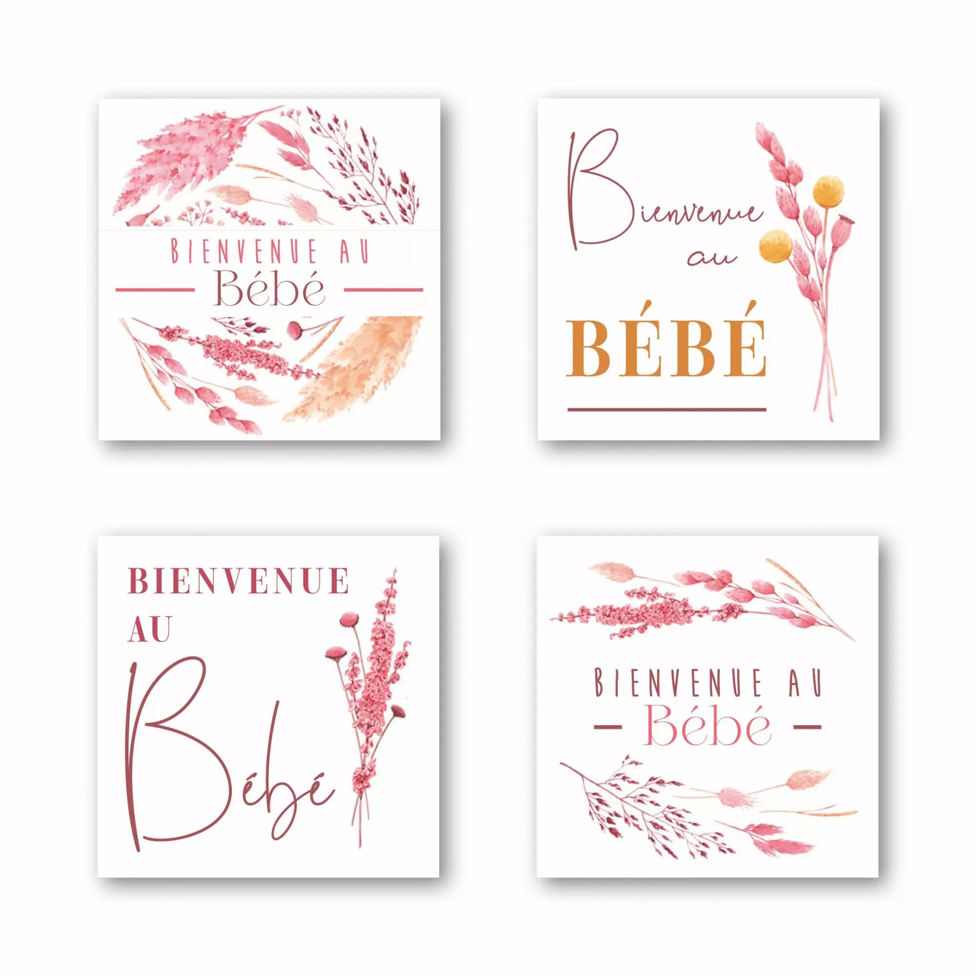 Etiquettes de voeux Bienvenue au Bébé pour fleuriste en rouleau avec 4 designs différents