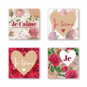 Étiquettes vœux fleuriste Je t'aime en rouleau avec 4 motifs différents pour bouquets romantiques