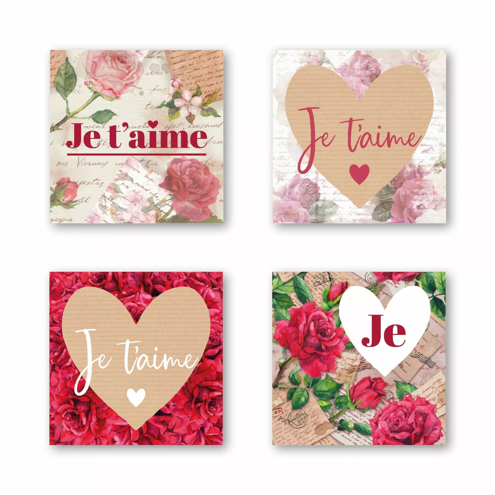 Étiquettes vœux fleuriste Je t'aime en rouleau avec 4 motifs différents pour bouquets romantiques