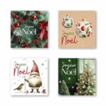 Étiquettes de vœux Joyeuses Noël en rouleau pour fleuriste avec 4 designs festifs différents