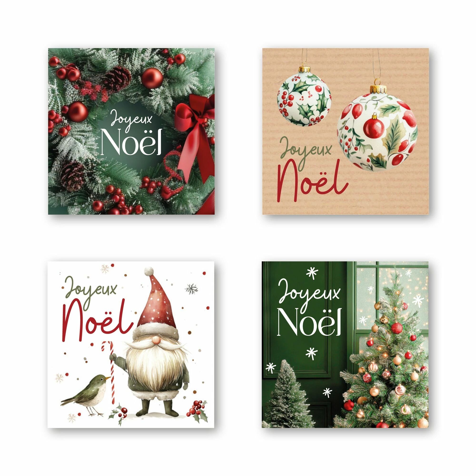 Étiquettes de vœux Joyeuses Noël en rouleau pour fleuriste avec 4 designs festifs différents