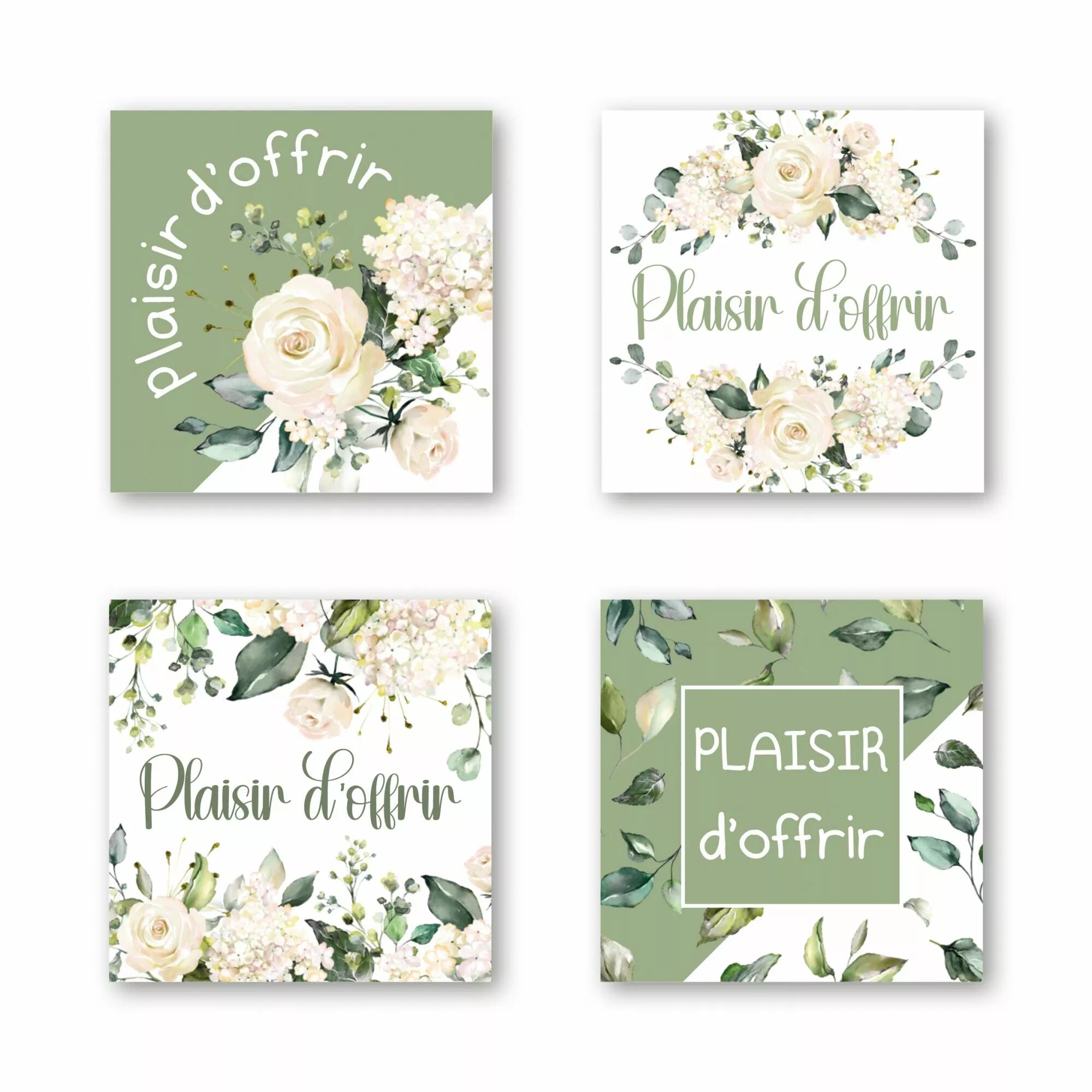 Étiquettes de vœux Plaisir d'offrir pour fleuriste en rouleau avec 4 séries de visuels différents