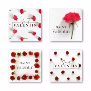 Étiquettes vœux Saint Valentin en rouleau pour fleuriste avec 4 motifs romantiques différents