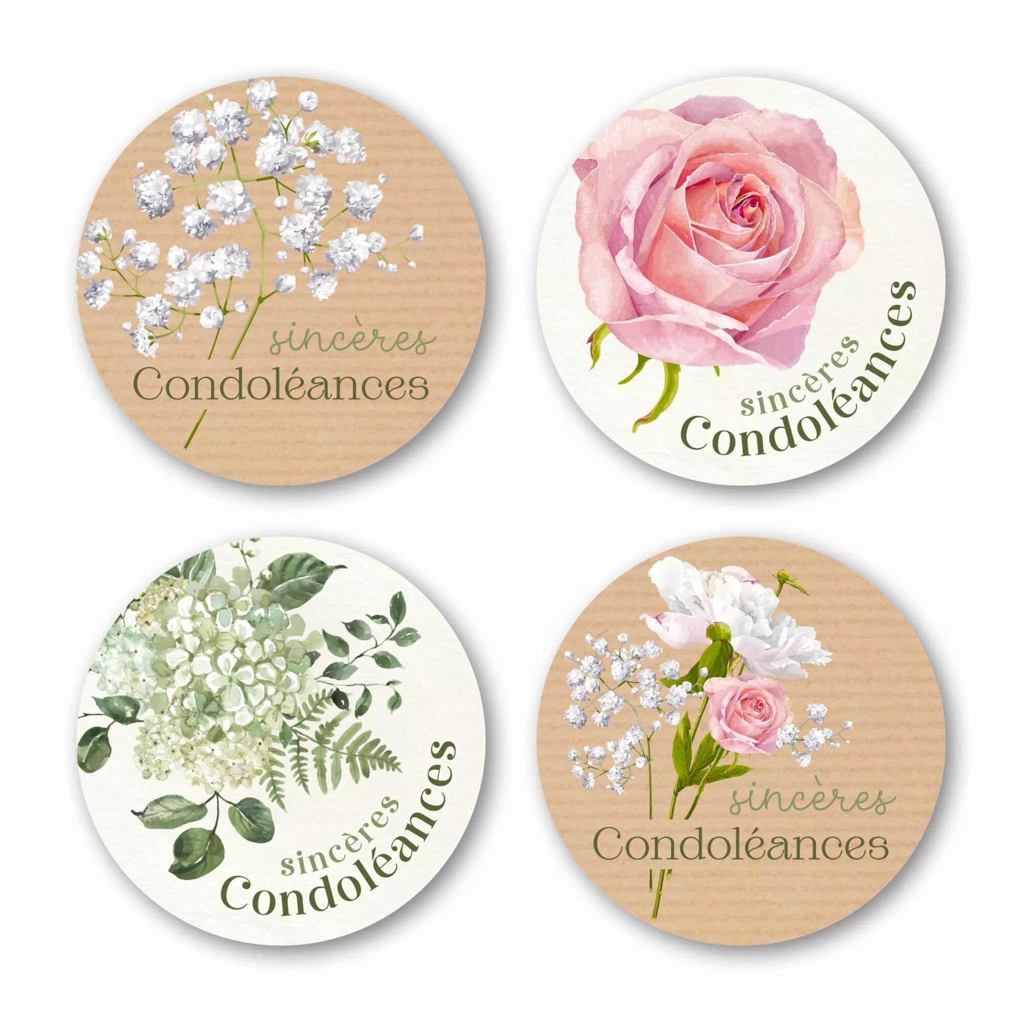 Étiquettes de vœux Sincères Condoléances format Quatro JESO CARDS pour fleuriste compositions funéraires