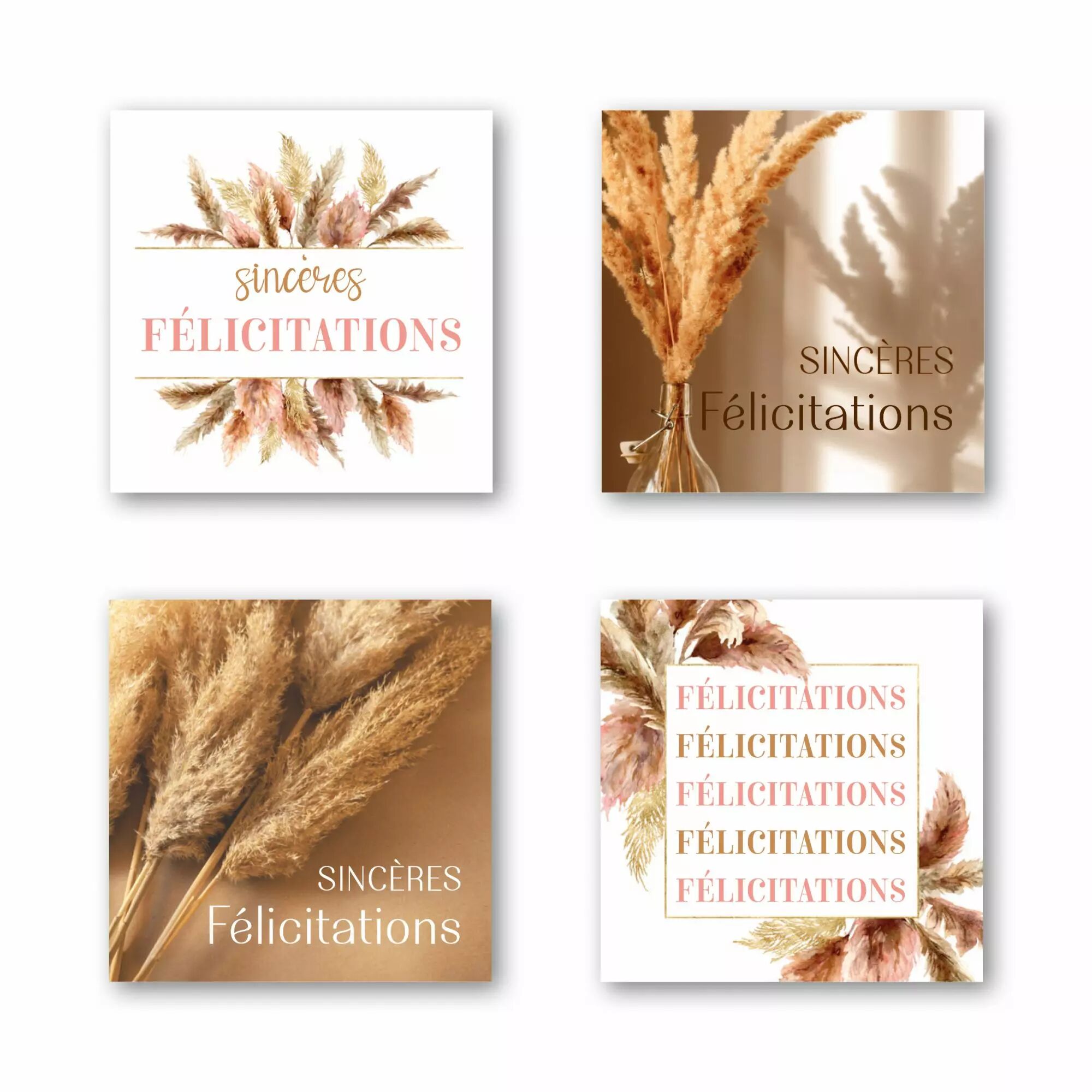 Étiquettes vœux Sincères Félicitations format Quatro pour fleuriste, 4 motifs différents par JESO CARDS
