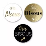 Etiquettes de voeux dorées Gros Bisous imprimées à chaud pour fleuristes, rouleau de 300 étiquettes avec 3 motifs différents