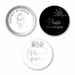 Étiquettes de vœux dorées Plaisir d'Offrir pour fleuriste avec impression à chaud en rouleau de 300 pièces
