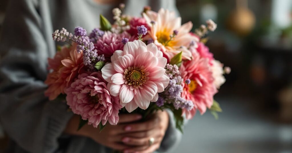 Bouquet de fleurs fraîches avec une fiche conseil pour faire durer les fleurs plus longtemps