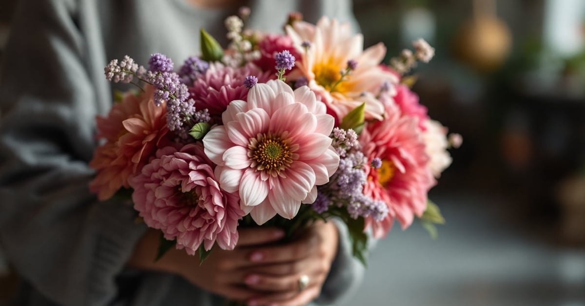 Bouquet de fleurs fraîches avec une fiche conseil pour faire durer les fleurs plus longtemps