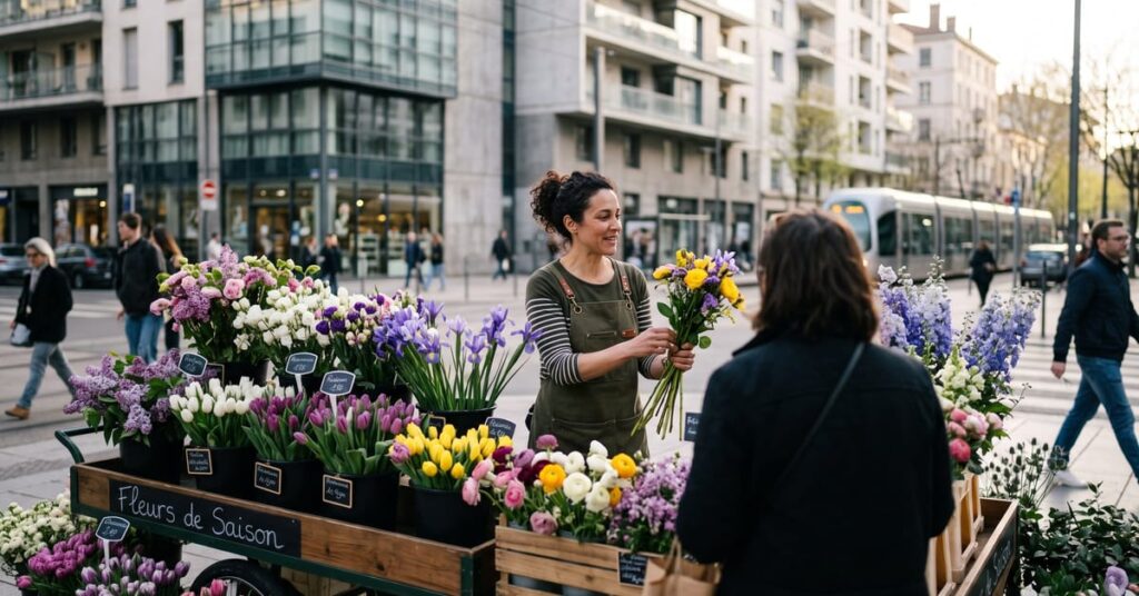 Fleurs de saison fraîches et colorées disposées en composition naturelle, évoquant le cycle des saisons
