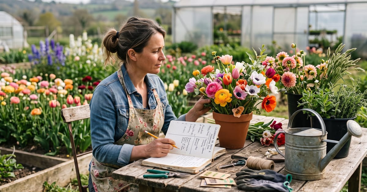 Calendrier floral avec fleurs de saison colorées disposées mois par mois sur une surface naturelle