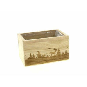 Jardinière en bois naturel avec décor Père-Noël pour compositions florales de Noël, dimensions 13,5x9x H8cm