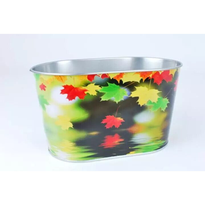Jardinière décorative en zinc avec motif feuilles automnales pour compositions florales professionnelles