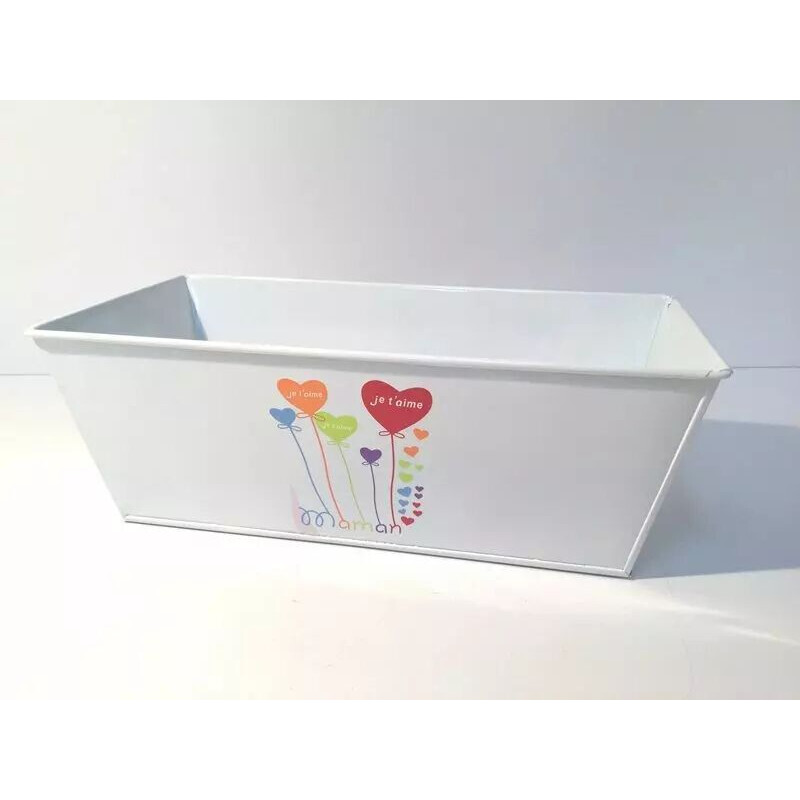 Jardinière rectangulaire en zinc blanc brillant avec inscription Je t'aime Maman pour compositions florales Fête des Mères