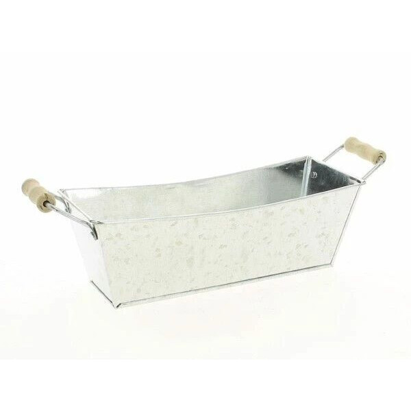 Jardinière rectangle en zinc naturel avec poignées bois pour compositions florales professionnelles