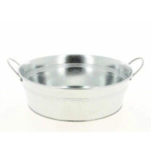 Jardinière ronde en zinc naturel avec anses pour compositions florales professionnelles