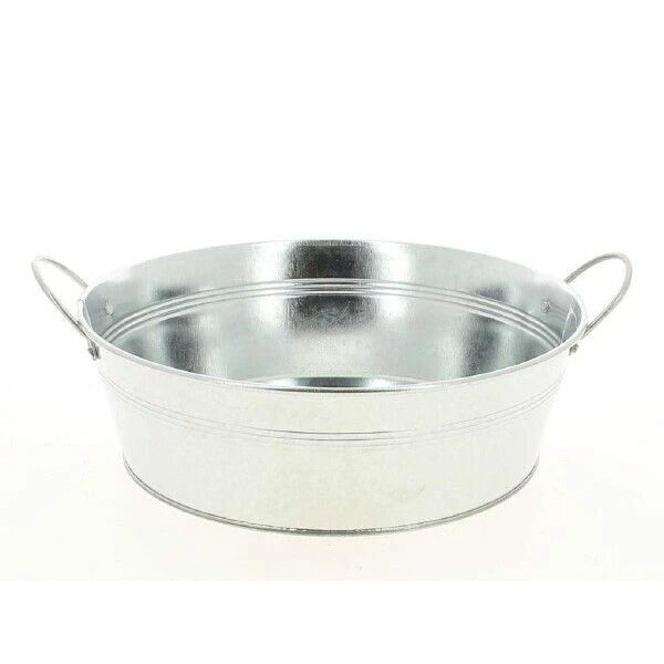 Jardinière ronde en zinc naturel avec anses pour compositions florales professionnelles