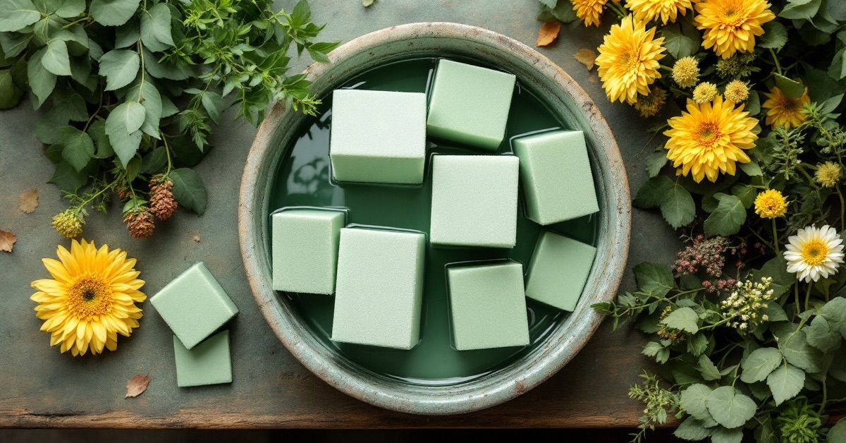 Blocs de mousse florale en trempage dans une bassine, choix de la mousse pour les compositions de Toussaint
