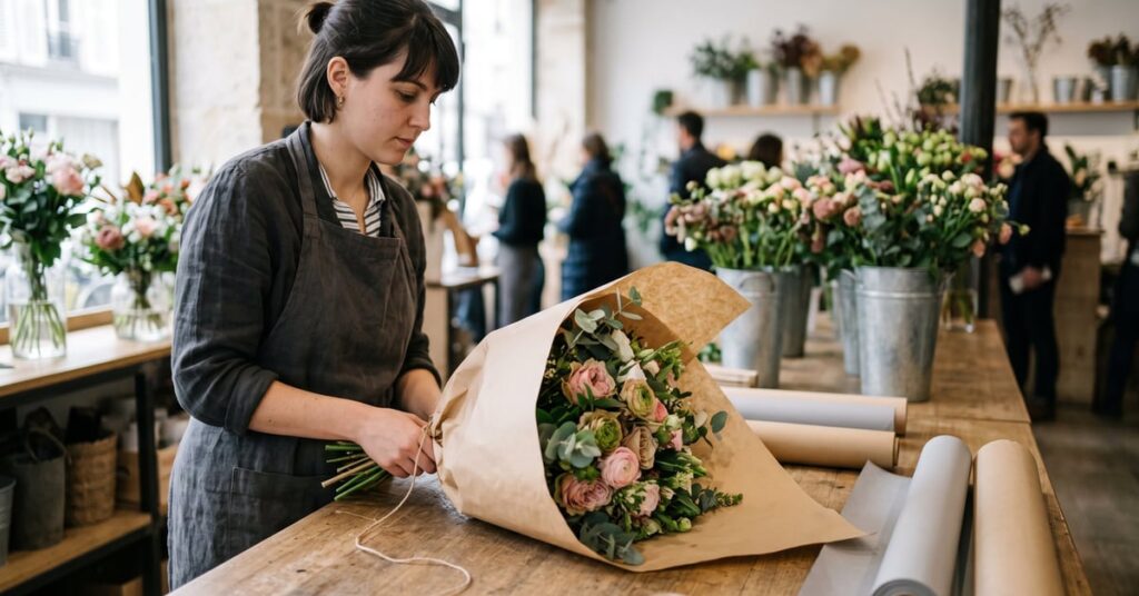 Papier emballage fleuriste : kraft, cellophane et papier de soie pour emballer des bouquets de fleurs