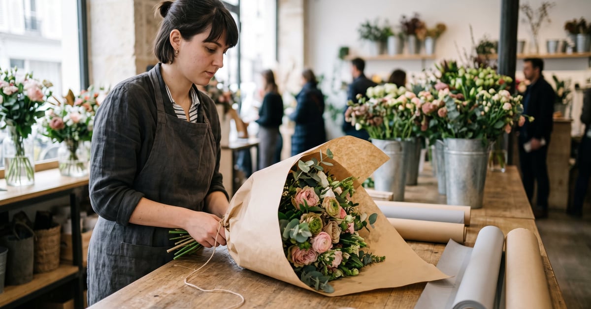 Papier emballage fleuriste : kraft, cellophane et papier de soie pour emballer des bouquets de fleurs