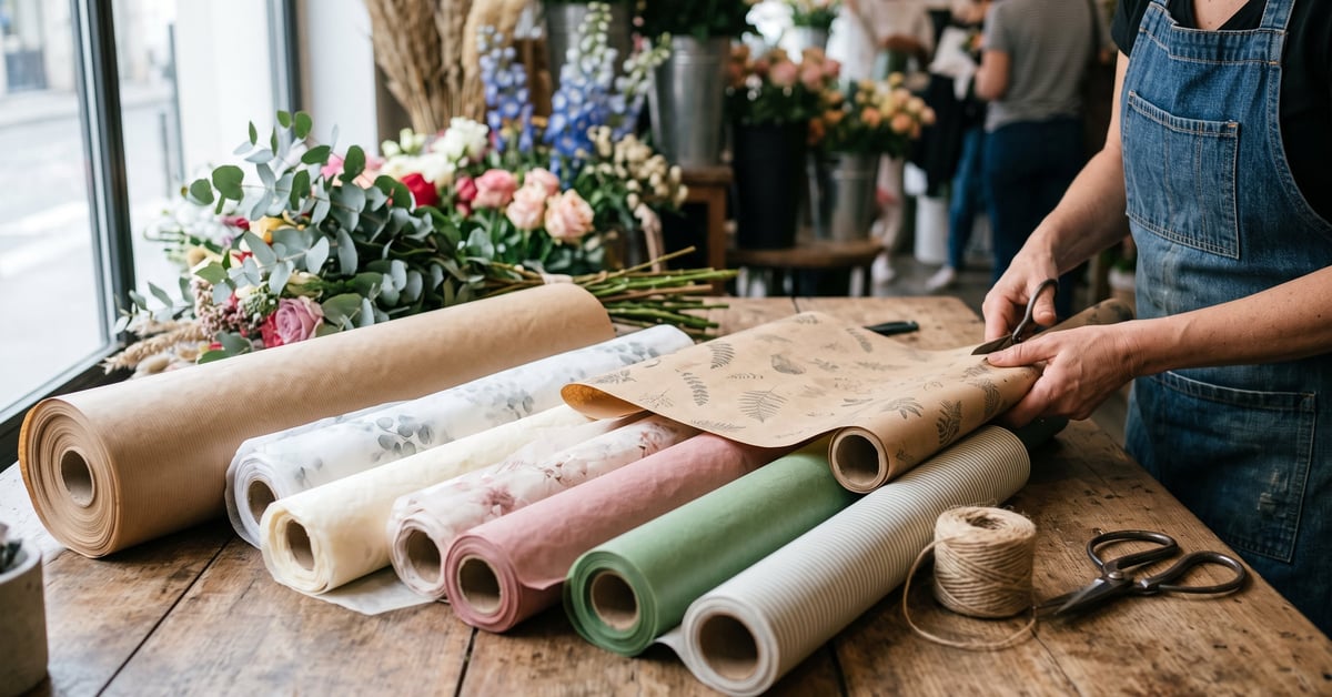 Papier de soie, cellophane et kraft pour emballage fleuriste disposés sur une table