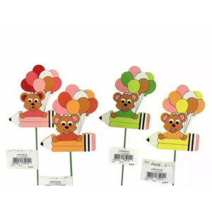 Pic décoratif ourson en bois coloré sur tige de 20cm pour compositions florales et arrangements de fleuriste