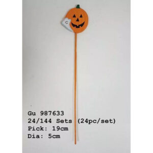 Pic décoratif citrouille orange en bois diamètre 5 cm sur tige 25 cm pour compositions florales automnales fleuristes