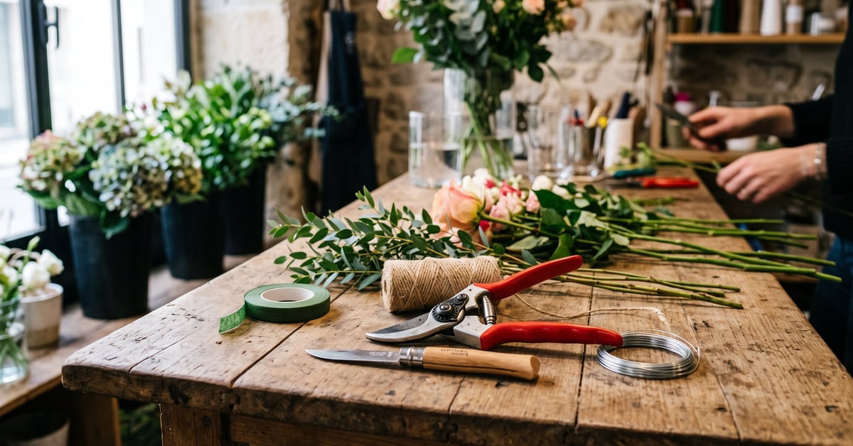 Matériel nécessaire pour réaliser un bouquet rond spiral : fleurs, ciseaux et ficelle sur une table