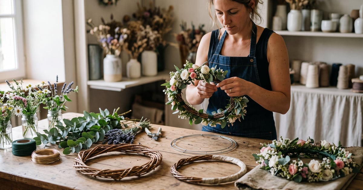 Couronne de fleurs sur mousse florale avec fleurs fraîches colorées, vue de face sur fond naturel