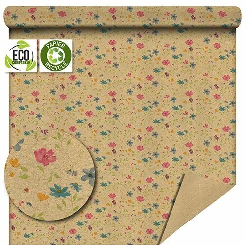 Rouleau papier kraft brun imprimé motif bleu Solane pour emballage floral professionnel fleuriste