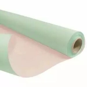 Rouleau de papier kraft métallisé bi-color vert pastel et rose pour emballage floral professionnel