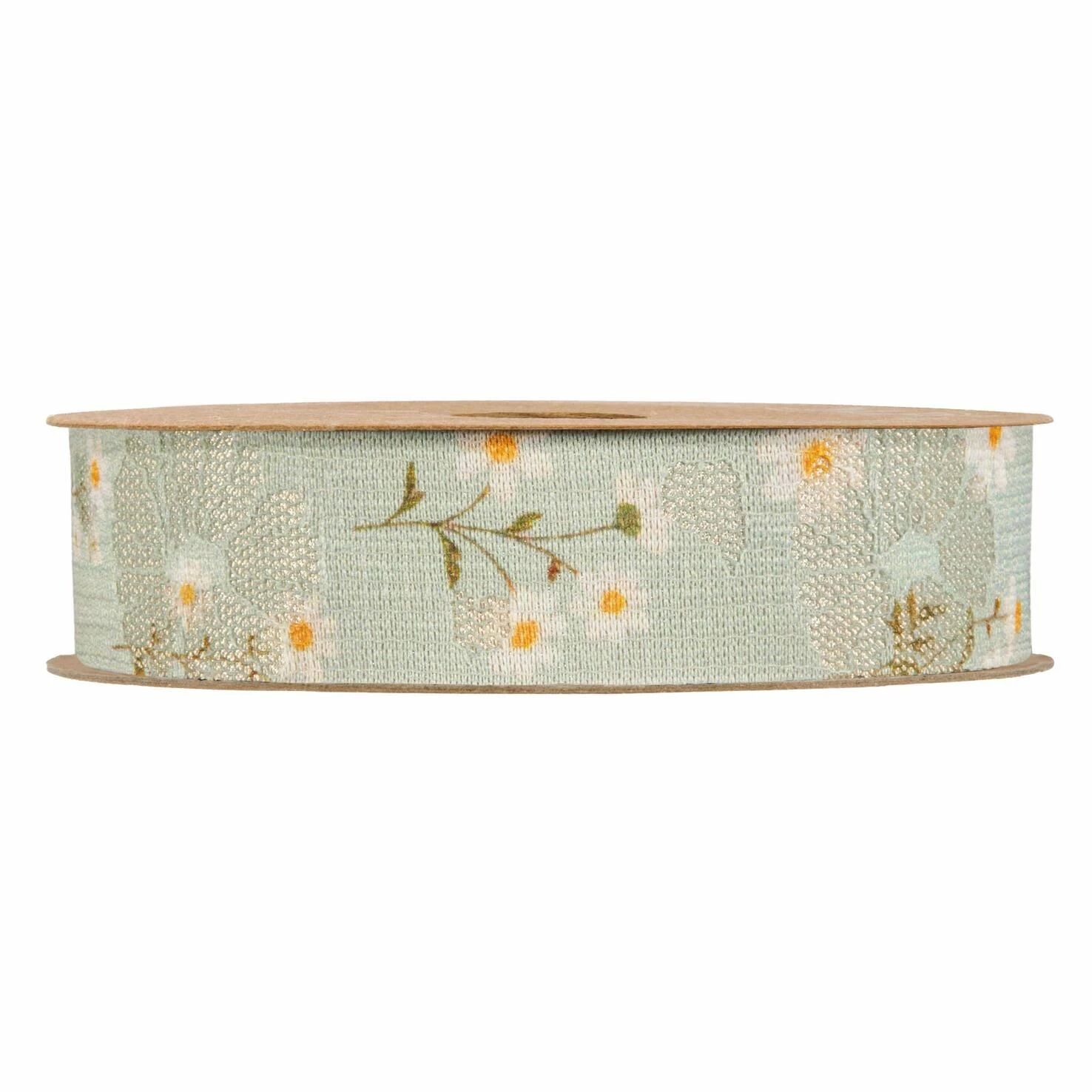 Ruban décoratif imprimé Little Daisies vert 25mm motif marguerites pour compositions florales professionnelles