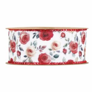 Ruban décoratif polyester 40mm avec motif roses pour compositions florales et décoration fleuriste