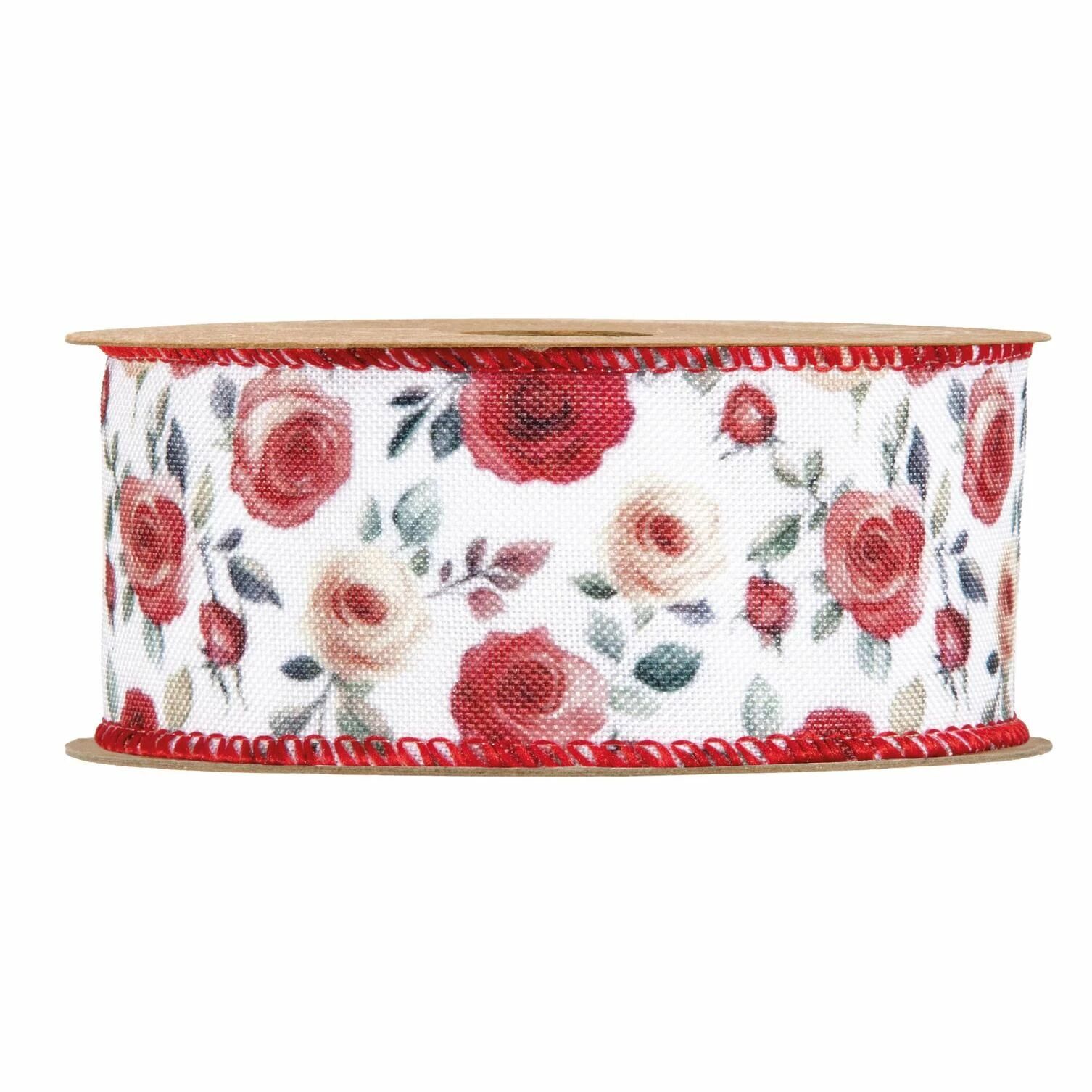 Ruban décoratif polyester 40mm avec motif roses pour compositions florales et décoration fleuriste