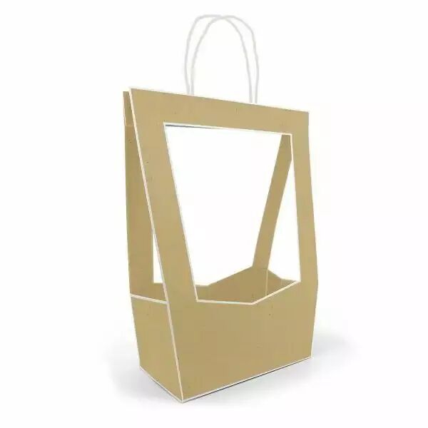 Sac carton médaillon naturel pour fleuriste avec bouquet, dimensions 23x14x38 cm