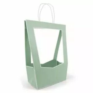 Sac carton médaillon vert sauge pour fleuriste avec poignées pour transport de bouquets