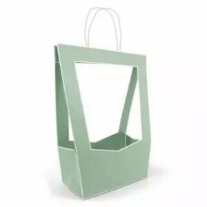 Sac carton médaillon vert sauge pour fleuriste avec poignées pour transport de bouquets