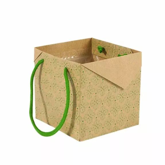 Sac kraft Batik vert avec anses en corde pour emballage floral professionnel, certifié FSC, dimension 13x13x13 cm