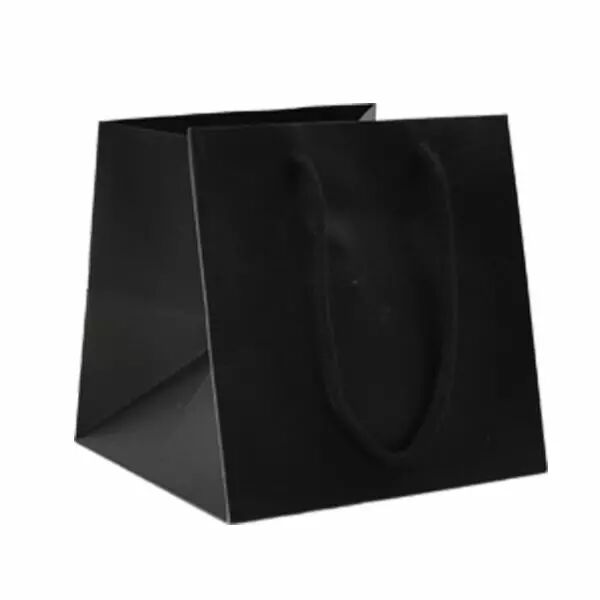 Sac kraft noir trapèze avec cordelière pour transport de bouquets et orchidées en fleuristerie
