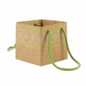 Sac kraft vert avec anses en corde pour emballage fleuriste certification FSC dimensions 13x13x13 cm