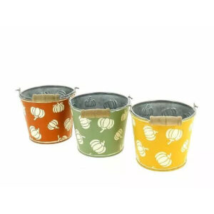 Seau décoratif rond en zinc avec motif citrouille pour compositions florales automnales
