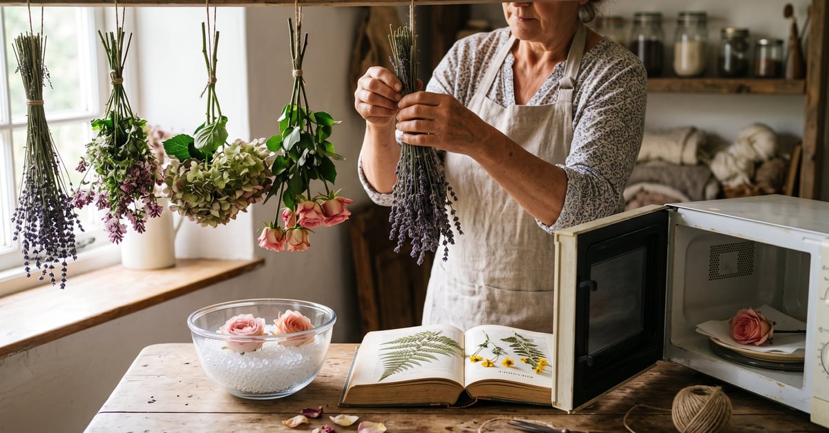 Fleurs séchées suspendues et posées sur une table en bois, méthodes pour sécher des fleurs à la maison