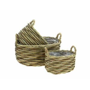 Set de trois jardinières ovales en osier tressé gris pour fleuriste, avec intérieur plastifié et trois tailles différentes pour compositions florales