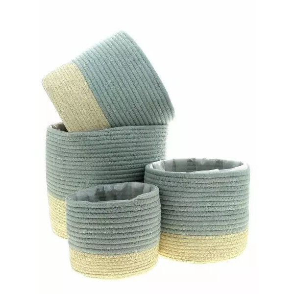 Set de 4 cache pots ronds en osier tressé vert pastel avec intérieur plastifié pour fleuristes, dimensions gigognes de 19 à 32 cm de diamètre